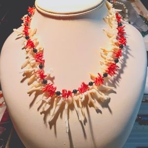 Handmade Necklace- Red&White Coral & Blk Onyx. SS